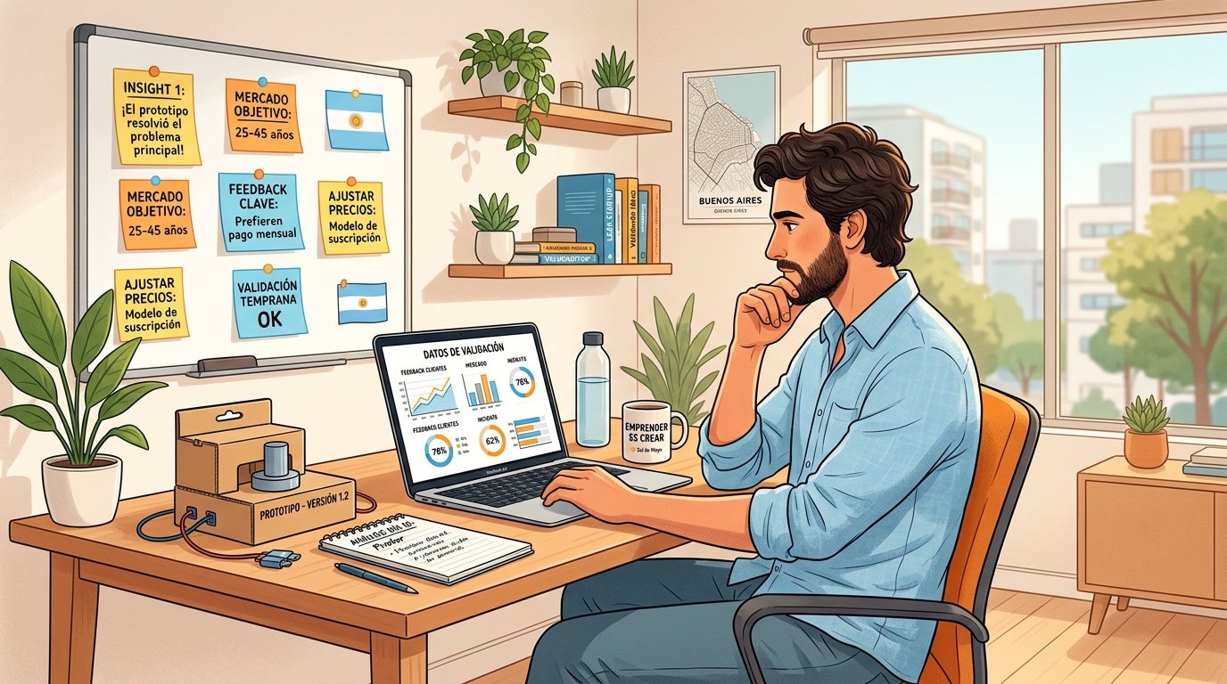 Emprendedor argentino reflexivo analizando datos de validación de su idea de negocio. Estilo ilustrativo profesional con elementos de oficina moderna minimalista. Muestra una persona joven frente a una laptop con gráficos, notas adhesivas con insights de clientes en la pared, y un prototipo simple sobre el escritorio. Utiliza colores cálidos con acentos de celeste y blanco (colores argentinos). Para ilustrar el concepto de validación temprana de ideas en el contexto emprendedor argentino.