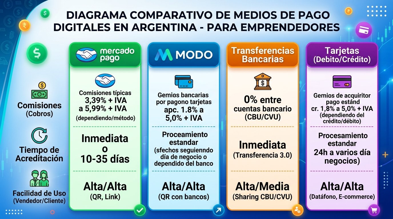 Diagrama comparativo de los principales medios de pago digitales en Argentina: Mercado Pago, MODO, Transferencias Bancarias y Tarjetas. Estilo infográfico con iconos representativos para cada método. Muestra en columnas paralelas las características clave (comisiones, tiempo de acreditación, facilidad de uso) con valores concretos. Utiliza colores distintivos para cada medio (verde para Mercado Pago, azul para MODO, naranja para transferencias, morado para tarjetas). Para ayudar a emprendedores argentinos a comparar visualmente las opciones de pago disponibles.