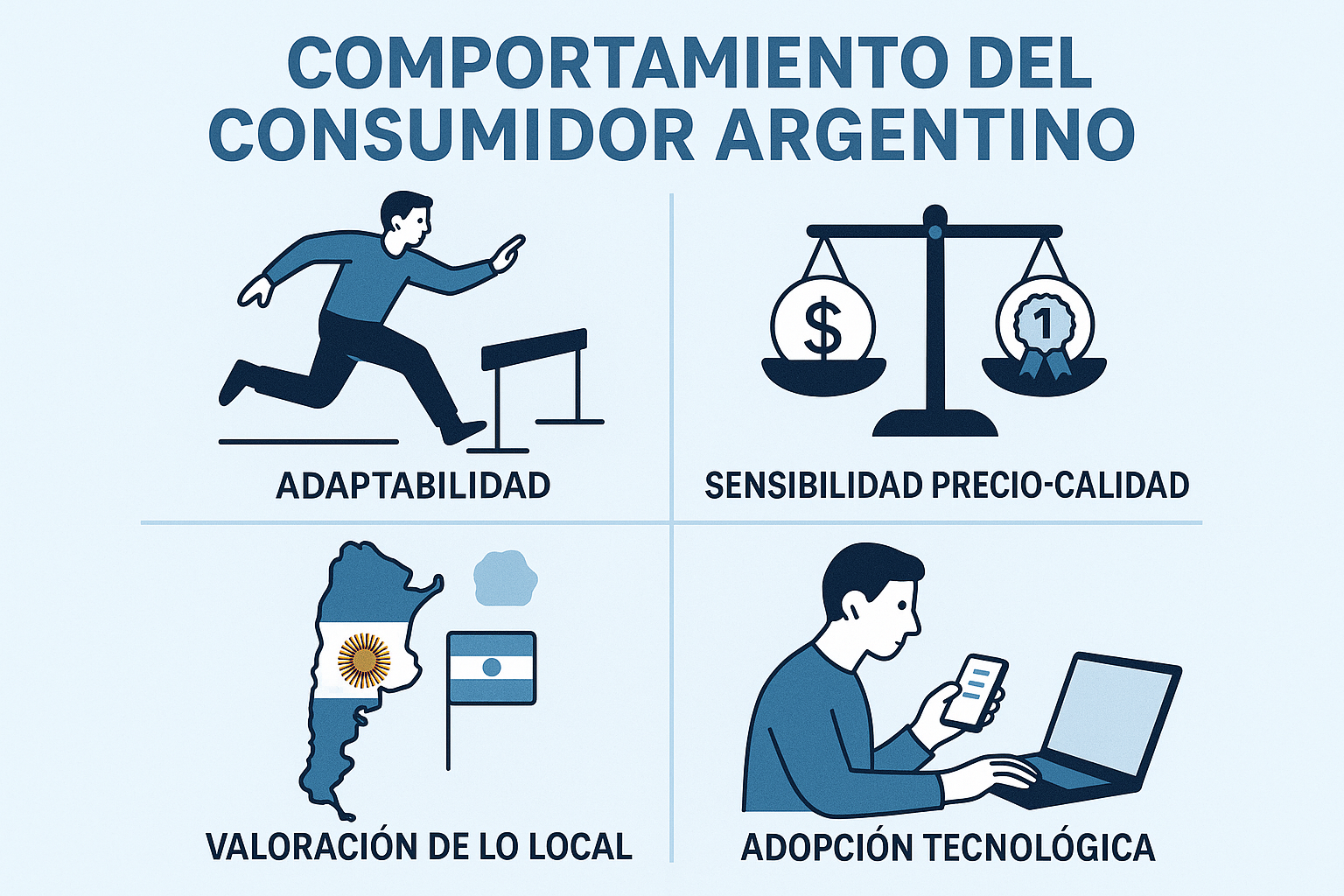 Infografía sobre el comportamiento del consumidor argentino. Estilo plano moderno con iconos simples. Muestra 4 características clave: adaptabilidad (persona esquivando obstáculos), sensibilidad precio-calidad (balanza con signo $ y medalla), valoración de lo local (mapa de Argentina con bandera), y adopción tecnológica (persona usando smartphone y computadora). Utiliza paleta de colores celeste, blanco y gris con acentos en verde. Para ilustrar las particularidades del consumidor argentino que los emprendedores deben considerar al analizar oportunidades de negocio.