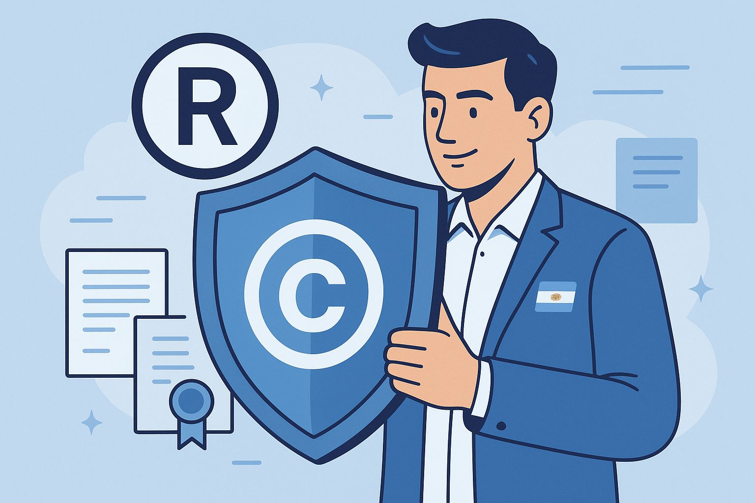Emprendedor argentino protegiendo una marca. Estilo ilustración corporativa profesional. Muestra a una persona sosteniendo un escudo que protege un logotipo, con símbolos de registro y documentos oficiales a su alrededor. Usa colores azul y celeste con acentos de la bandera argentina. Para visualizar la importancia de la protección legal de marcas para emprendedores.