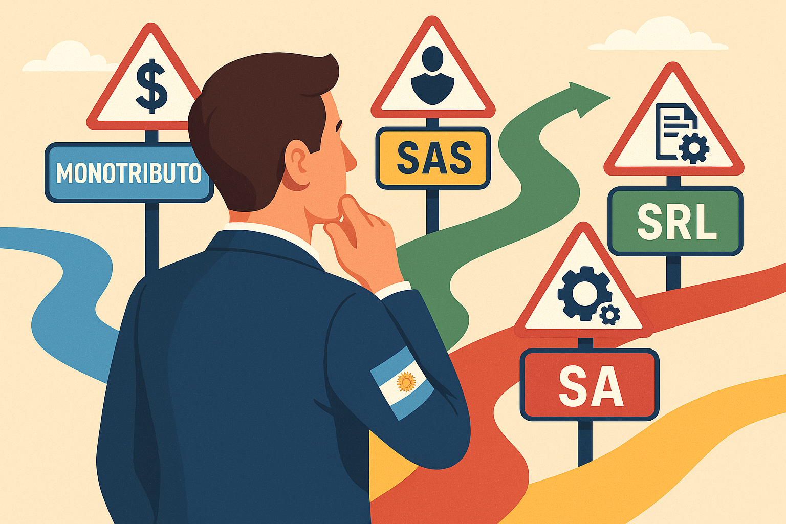Emprendedor argentino en una encrucijada con diferentes caminos etiquetados con formas jurídicas (Monotributo, SAS, SRL, SA). Estilo ilustrativo profesional. El emprendedor observa señales de cada camino que muestran símbolos de impuestos, responsabilidad y complejidad administrativa. Utiliza colores distintivos para cada camino y simbología clara de negocios. Para ilustrar la importancia de la toma de decisiones sobre la forma jurídica al iniciar un emprendimiento.