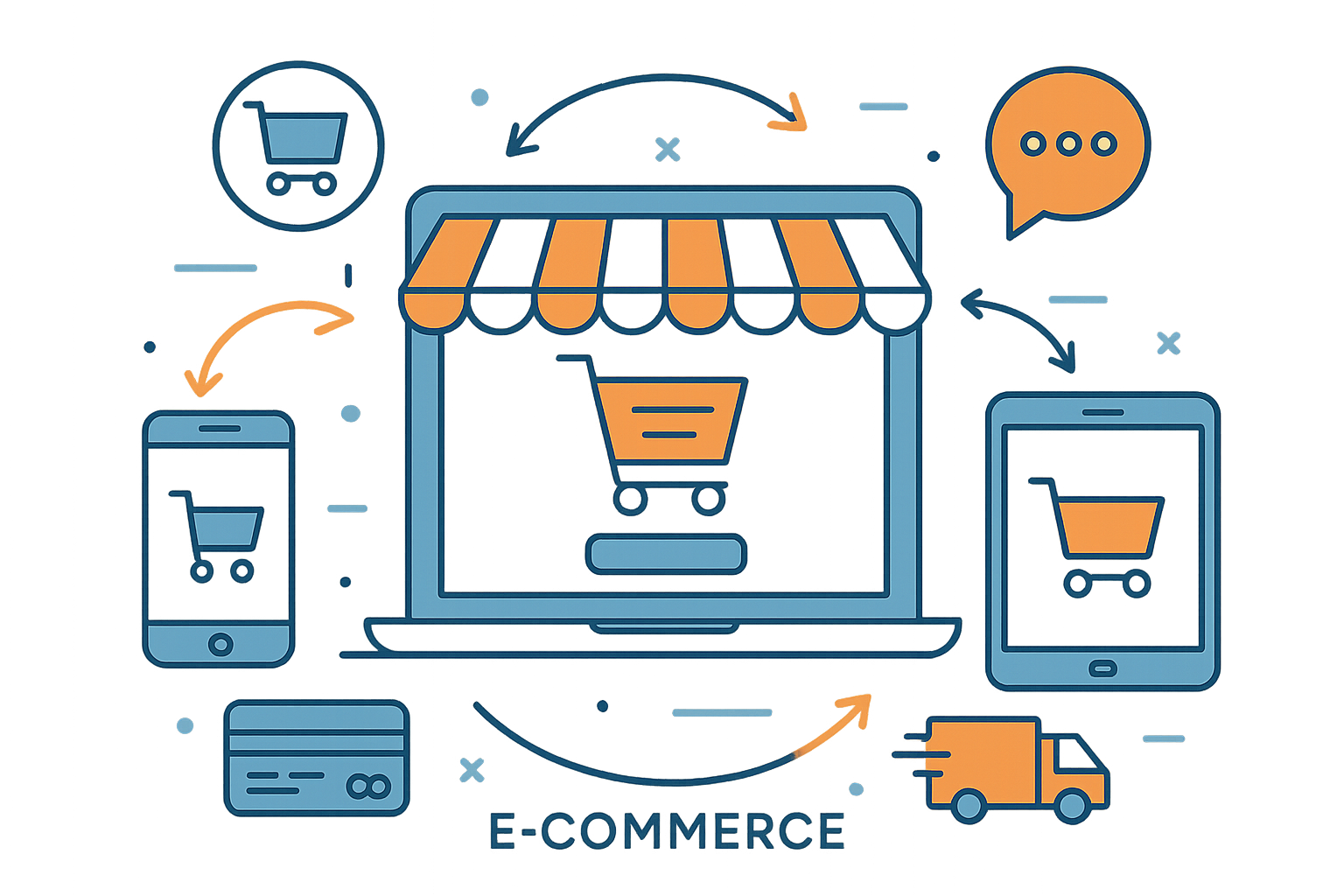 Ilustración conceptual del e-commerce. Estilo infográfico moderno con líneas limpias. Muestra una tienda digital conectada con compradores a través de dispositivos (laptop, smartphone, tablet). Incluye iconos de carrito de compras, tarjetas de crédito, envíos y comunicación online. Paleta de colores azul, naranja y blanco. Para explicar visualmente qué es el comercio electrónico a emprendedores argentinos.