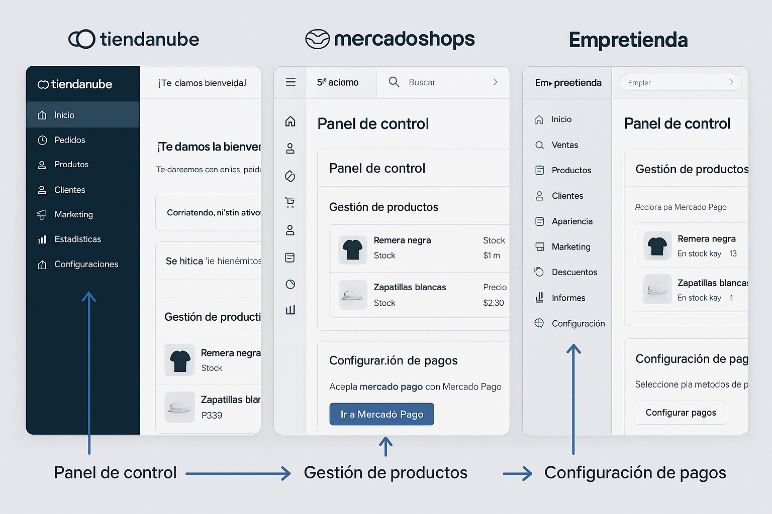 Comparativa visual de interfaces de plataformas e-commerce argentinas. Estilo captura de pantalla modernizada con anotaciones. Muestra pantallas de administración de Tiendanube, Mercado Shops y Empretienda lado a lado. Incluye elementos típicos como panel de control, gestión de productos y configuración de pagos. Señala con flechas y etiquetas las diferencias clave entre plataformas. Paleta profesional en tonos azules y grises. Para ayudar a emprendedores a visualizar las diferencias entre las principales plataformas de e-commerce en Argentina.