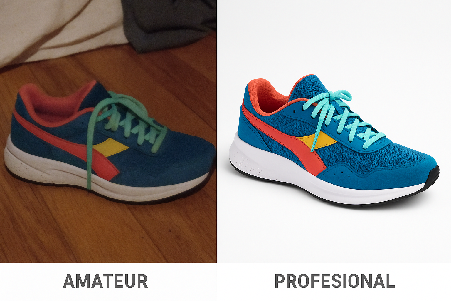 Comparativa de fotografía de producto amateur vs profesional. Estilo díptico mostrando dos versiones del mismo producto (una zapatilla deportiva moderna). A la izquierda: foto amateur con sombras duras, fondo desordenado, iluminación pobre y composición descuidada. A la derecha: foto profesional con iluminación suave y uniforme, fondo blanco limpio, detalle nítido y composición cuidada. Usa colores vibrantes para el producto y tonos neutros para el fondo. Para ilustrar visualmente la importancia de la fotografía profesional en e-commerce.