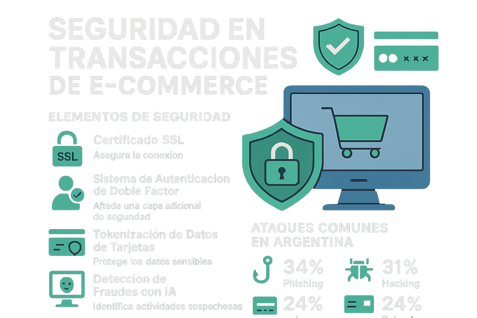Infografía sobre seguridad en transacciones de e-commerce. Estilo moderno con iconos y elementos visuales de seguridad digital. Muestra los principales elementos de seguridad: certificado SSL (candado verde), sistema de autenticación de doble factor, tokenización de datos de tarjetas, y detección de fraudes con IA. Incluye estadísticas visuales sobre ataques comunes en Argentina. Utiliza colores azul oscuro y verde para transmitir seguridad y confianza. Para educar a emprendedores sobre implementación de seguridad en sus tiendas online.