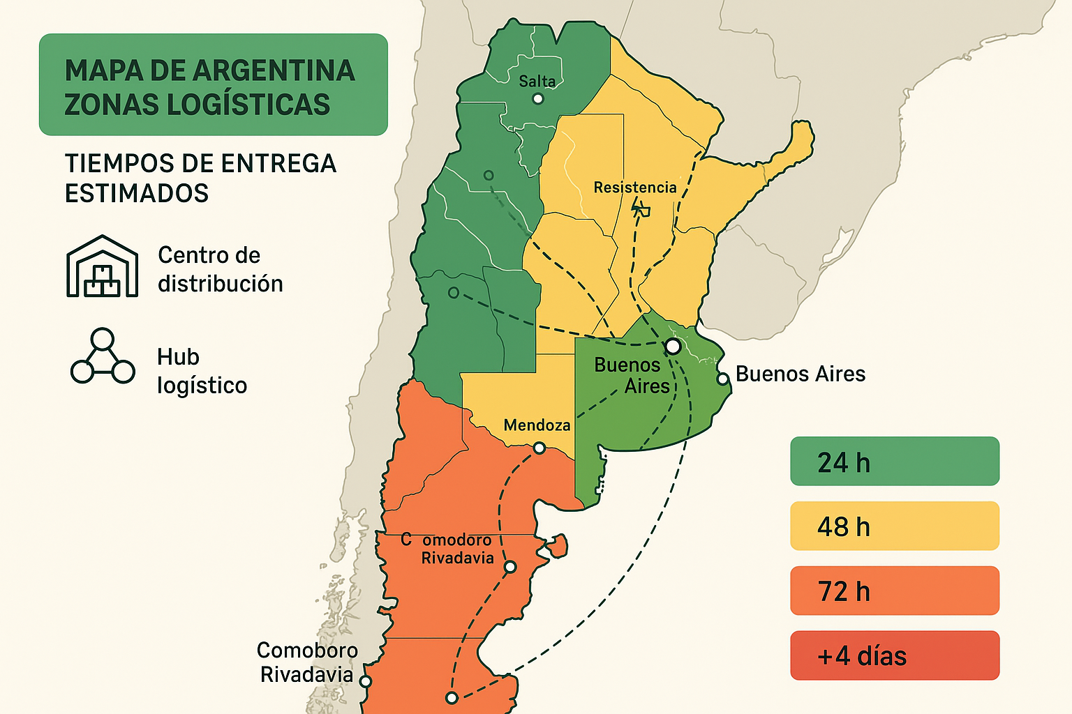 Mapa de Argentina dividido en zonas logísticas con tiempos de entrega estimados. Estilo infográfico profesional con leyendas claras. Muestra las principales ciudades y rutas de distribución, con códigos de color según tiempos de entrega (24h, 48h, 72h, +4 días). Incluye íconos de centros de distribución y hubs logísticos. Paleta de colores verde, amarillo, naranja y rojo para indicar tiempos. Para ayudar a emprendedores a entender los tiempos logísticos en el territorio argentino.