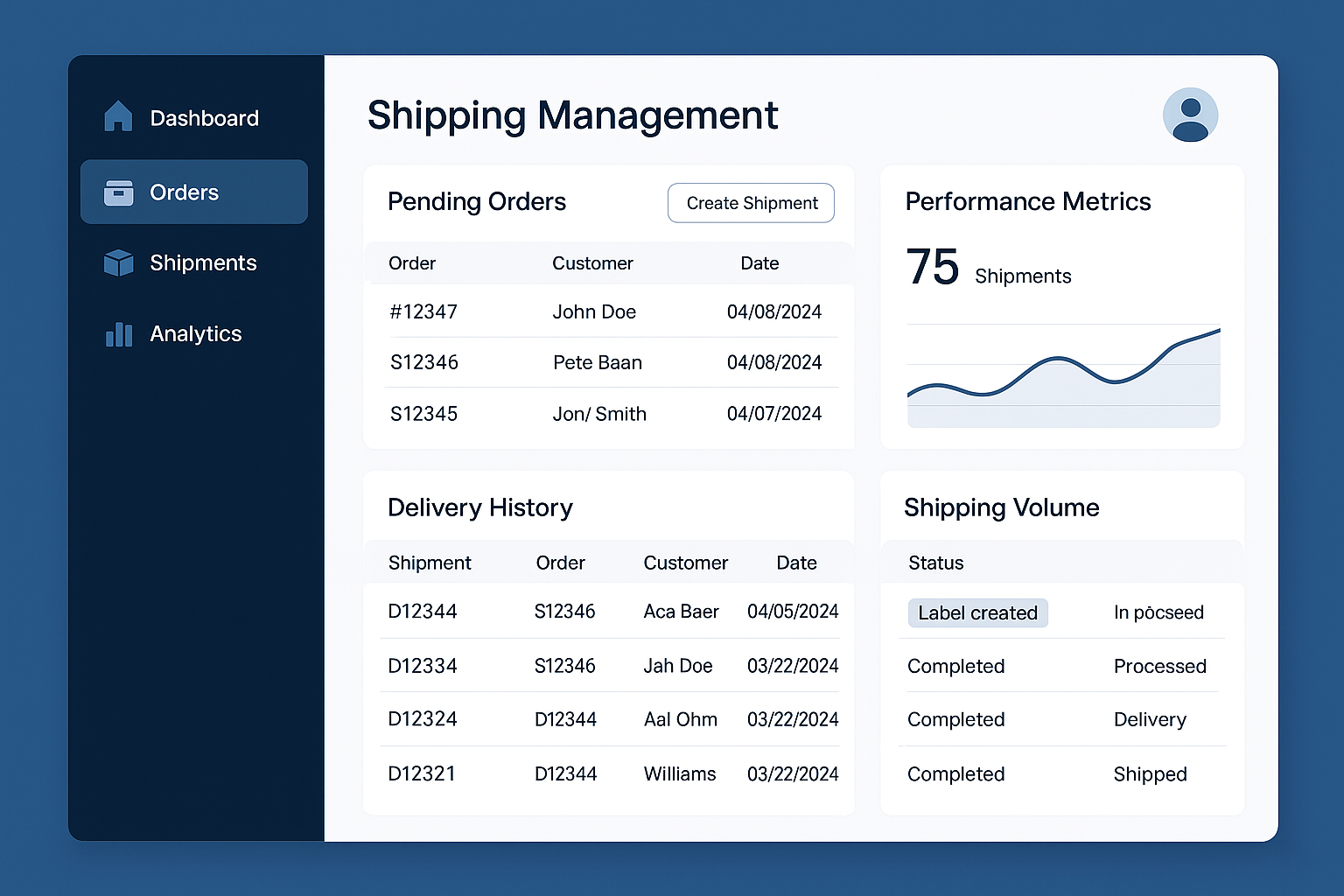 Interfaz de usuario de un sistema de gestión de envíos para e-commerce. Estilo moderno y profesional con interfaz clara y minimalista. Muestra un panel de control con secciones para pedidos pendientes, envíos en proceso, historial de entregas y métricas de rendimiento. Incluye elementos de UI como botones, filtros y visualización de datos. Paleta de colores azul profesional y blanco. Para ilustrar cómo un emprendedor puede gestionar sus envíos desde un software integrado.