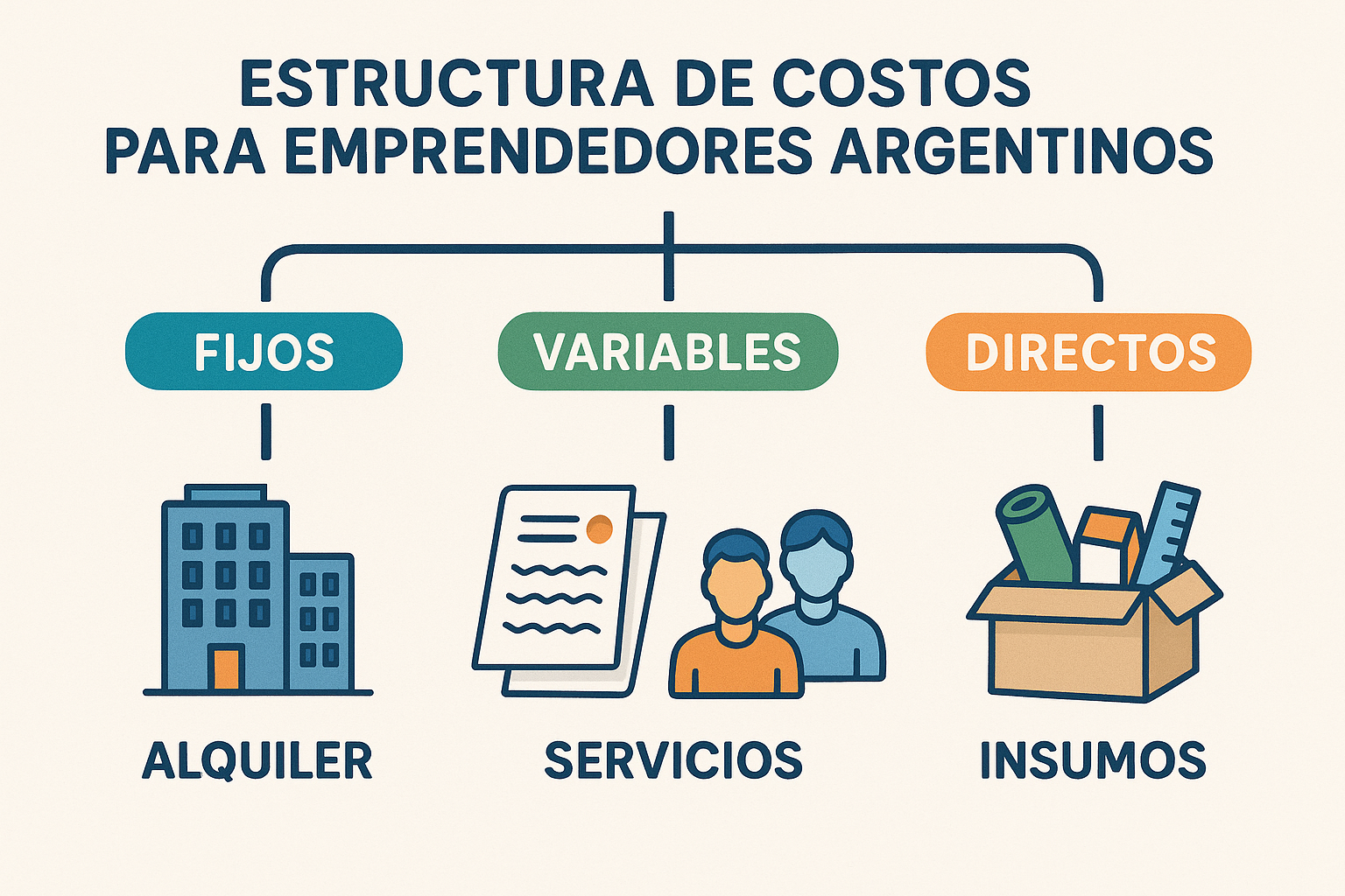 Estructura de costos para emprendedores argentinos. Estilo infográfico con organización jerárquica. Muestra cuatro categorías principales (Fijos, Variables, Directos, Indirectos) con ejemplos específicos de cada uno. Utiliza íconos representativos para cada tipo de costo: edificio para alquiler, facturas para servicios, personas para sueldos, materiales para insumos. Paleta en tonos azul y verde con acentos naranja. Para ayudar a emprendedores a visualizar y organizar todos sus costos de negocio.