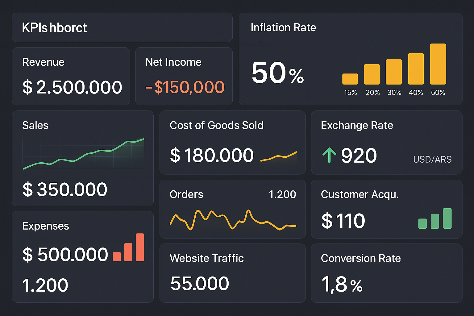 Dashboard de KPIs para emprendimiento argentino. Estilo interfaz moderna de software de visualización de datos. Muestra varios paneles con métricas financieras, operativas y de marketing en gráficos y contadores. Incluye indicadores de inflación y tipo de cambio específicos para Argentina. Utiliza códigos de colores para destacar KPIs en rojo (problemas), amarillo (advertencia) y verde (buen desempeño). Para ilustrar cómo un emprendedor debe monitorear visualmente la salud de su negocio en el contexto económico argentino.
