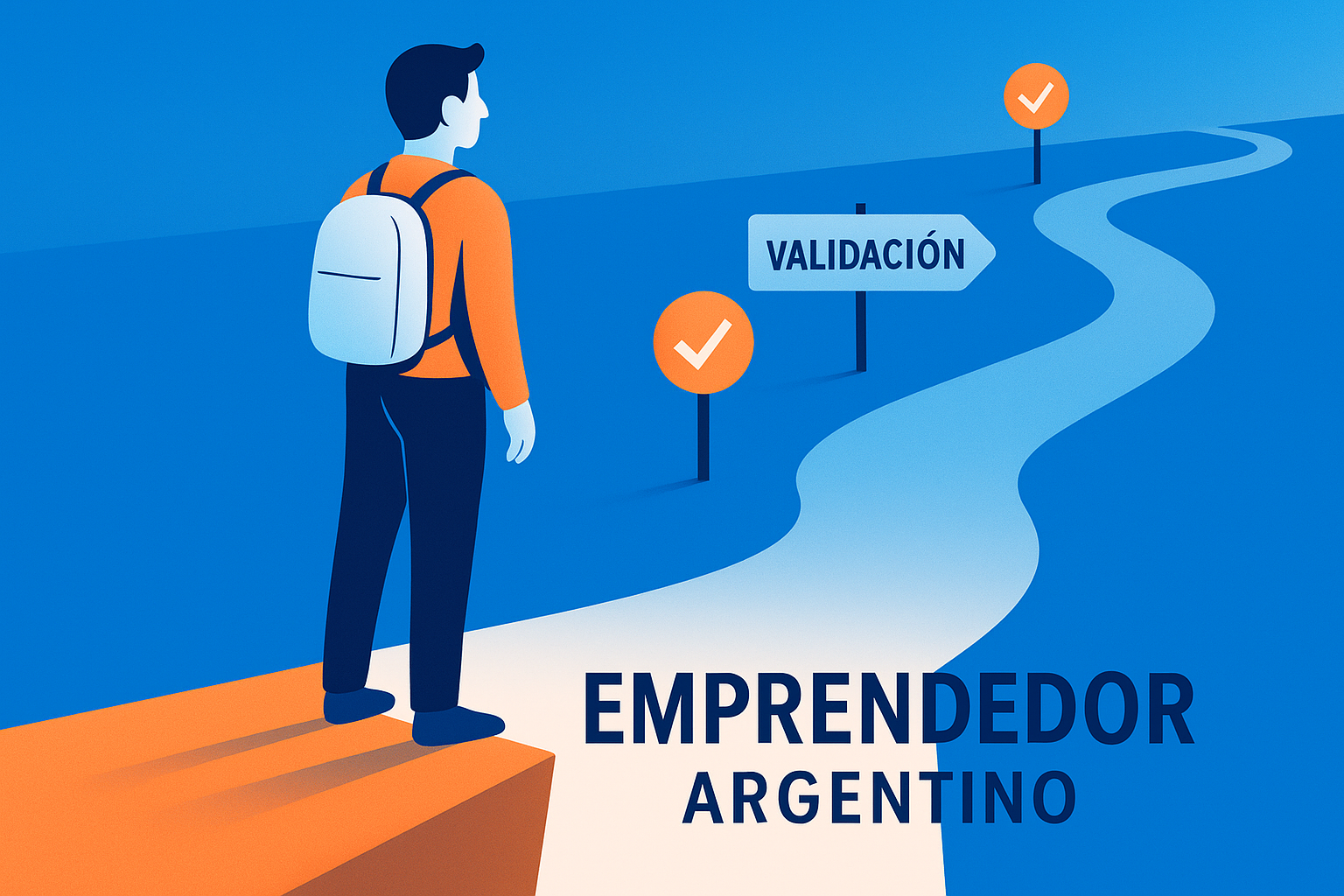 Emprendedor argentino al borde de un precipicio mirando hacia adelante, estilo moderno minimalista con líneas limpias y gradientes suaves, elementos clave: plano semi abstracto de camino incierto, mochila ligera, señales de validación en el trayecto, colores azul eléctrico y naranja, como metáfora visual del riesgo de emprender sin validar una idea. Todos los textos y etiquetas en español.