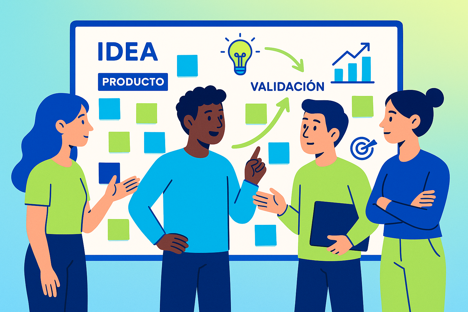 Grupo de jóvenes emprendedores argentinos discutiendo delante de una pizarra llena de ideas y posits, estilo moderno minimalista, iconografía flat, colores vibrantes azul eléctrico y verde lima, fondo con gradiente suave, representa el inicio del proceso de validación de una idea de negocio. Todos los textos y etiquetas en español.