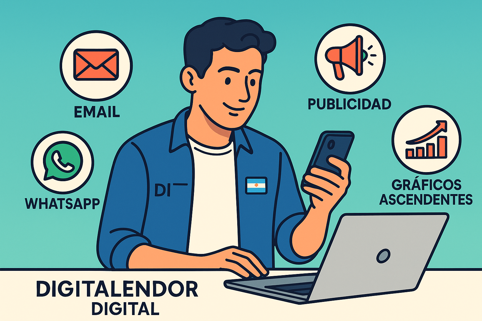 Emprendedor digital argentino usando laptop y smartphone, estilo moderno minimalista, iconos de email publicidad WhatsApp y gráficos ascendentes, líneas limpias y colores vibrantes con fondo degradado azul-verdoso, para presentar el uso integrado y profesional de los principales canales de marketing digital. Todos los textos y etiquetas en español.