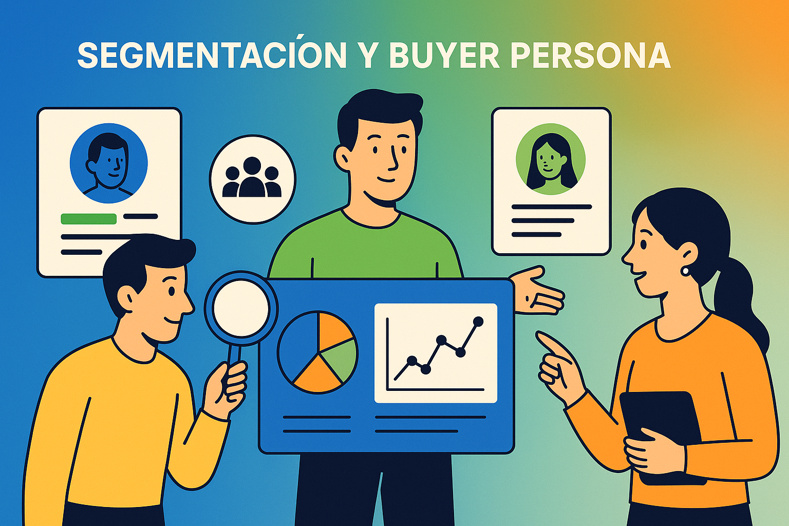 Ilustración general de emprendedores argentinos analizando perfiles de clientes, estilo moderno minimalista con líneas limpias e iconografía flat, muestra personas observando gráficas de mercado y fichas de clientes sobre un fondo colorido, utiliza azul eléctrico, verde lima y naranja en gradiente suave, para presentar el objetivo de la lección sobre segmentación y buyer persona. Todos los textos y etiquetas en español.