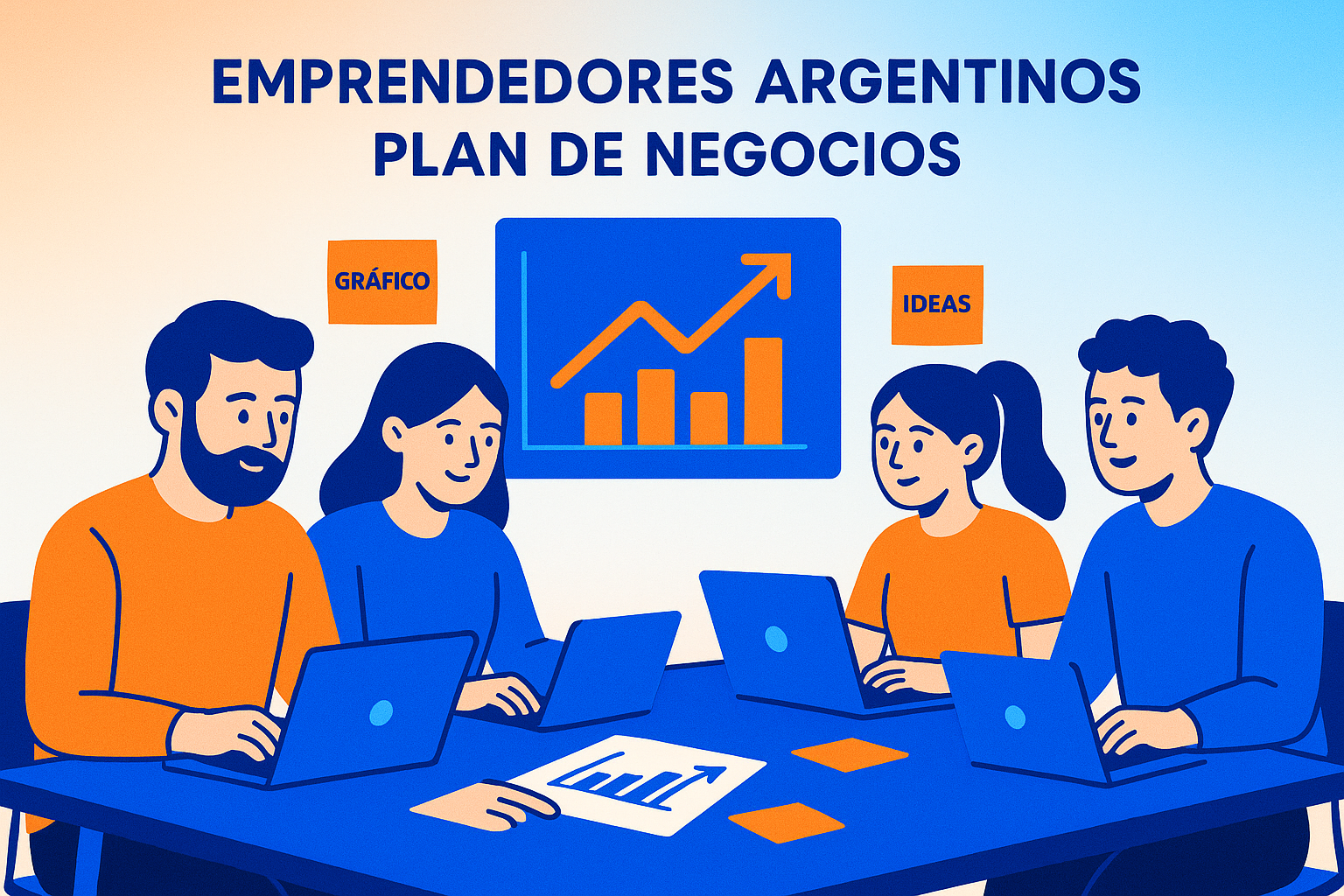 Emprendedores argentinos trabajando en equipo, estilo moderno minimalista, jóvenes con laptops revisando gráficos y post-its sobre una mesa de coworking, iconografía flat, colores vibrantes azul eléctrico y naranja, fondo con gradientes suaves, sirve para ilustrar la importancia de la colaboración y la planificación estratégica en la elaboración de un plan de negocios. Todos los textos y etiquetas en español.