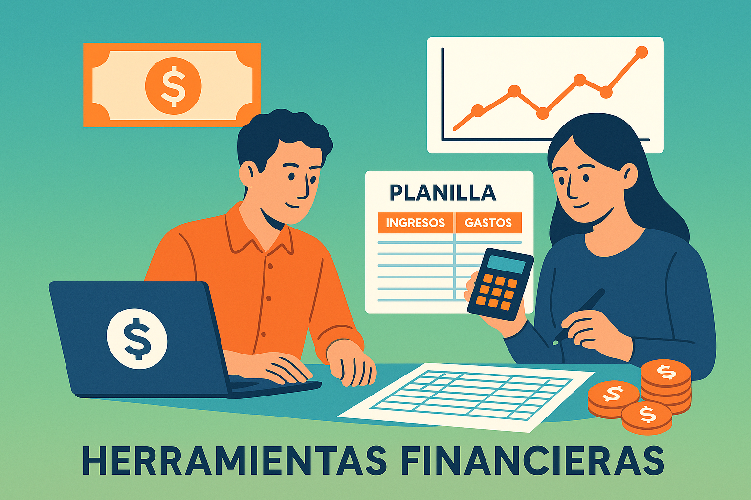 Emprendedores argentinos gestionando finanzas con planillas, monedas y gráficos, estilo moderno minimalista, iconografía flat de billetes pesos, laptop, calculadora, fondo gradiente azul-verde con toques naranja, para ilustrar la importancia de las herramientas financieras en el contexto local. Todos los textos y etiquetas en español.