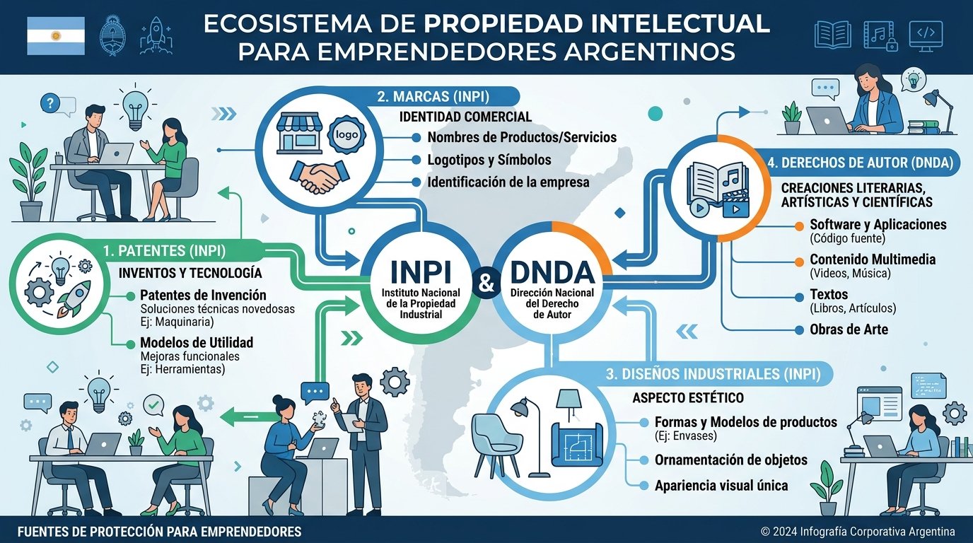 Ecosistema de propiedad intelectual para emprendedores argentinos. Estilo infográfico corporativo con iconos planos. Muestra la interconexión entre patentes, marcas, derechos de autor y diseños industriales, con el INPI y la DNDA como organismos centrales. Utiliza una paleta profesional de azules, verdes y grises. Para visualizar los diferentes tipos de protección disponibles para emprendedores.