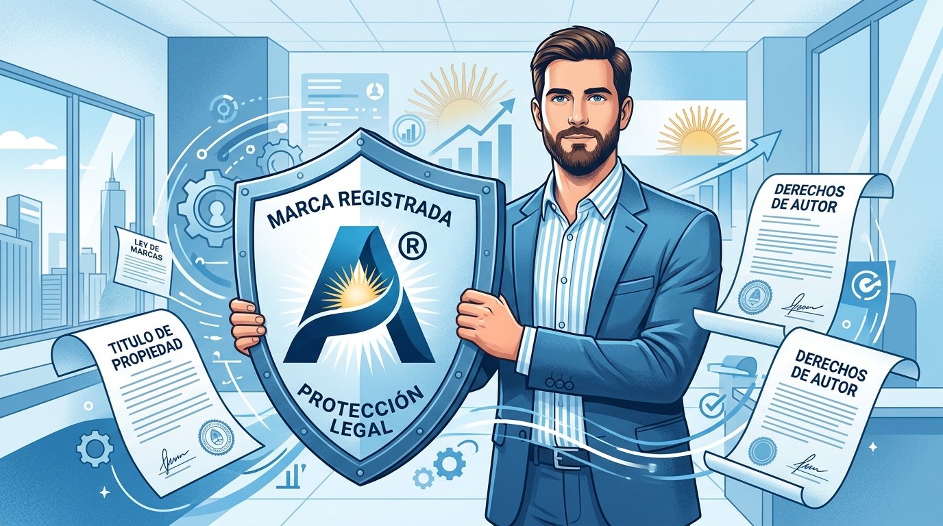 Emprendedor argentino protegiendo una marca. Estilo ilustración corporativa profesional. Muestra a una persona sosteniendo un escudo que protege un logotipo, con símbolos de registro y documentos oficiales a su alrededor. Usa colores azul y celeste con acentos de la bandera argentina. Para visualizar la importancia de la protección legal de marcas para emprendedores.