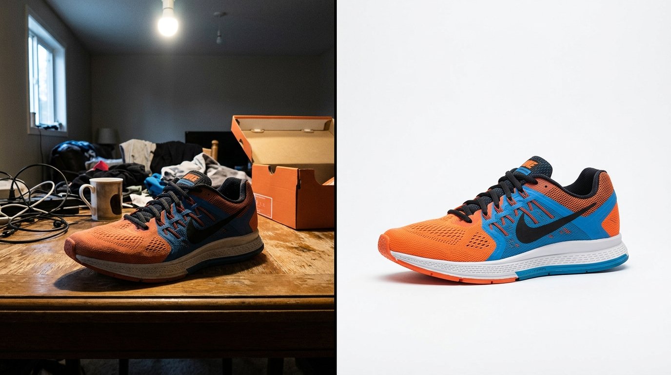 Comparativa de fotografía de producto amateur vs profesional. Estilo díptico mostrando dos versiones del mismo producto (una zapatilla deportiva moderna). A la izquierda: foto amateur con sombras duras, fondo desordenado, iluminación pobre y composición descuidada. A la derecha: foto profesional con iluminación suave y uniforme, fondo blanco limpio, detalle nítido y composición cuidada. Usa colores vibrantes para el producto y tonos neutros para el fondo. Para ilustrar visualmente la importancia de la fotografía profesional en e-commerce.