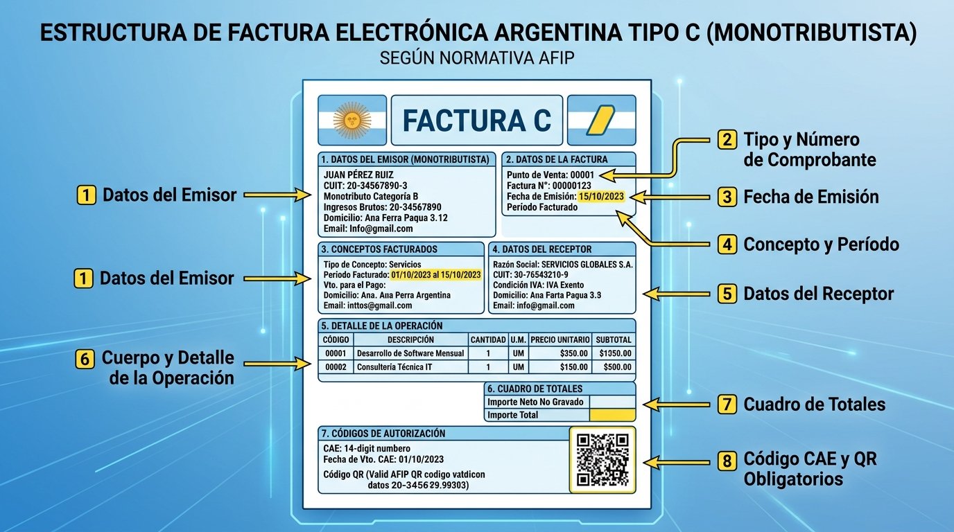 Ejemplo de factura electrónica argentina con todos sus elementos destacados. Estilo técnico profesional con líneas claras y precisas. Muestra el formato completo de una factura tipo C de un monotributista con anotaciones que señalan cada elemento clave (datos del emisor, receptor, CAE, QR, fechas). Utiliza una paleta azul-celeste (colores argentinos) con elementos destacados en amarillo. El diseño debe cumplir con la normativa AFIP actual. Para educar visualmente sobre los componentes obligatorios de una factura electrónica válida en Argentina.