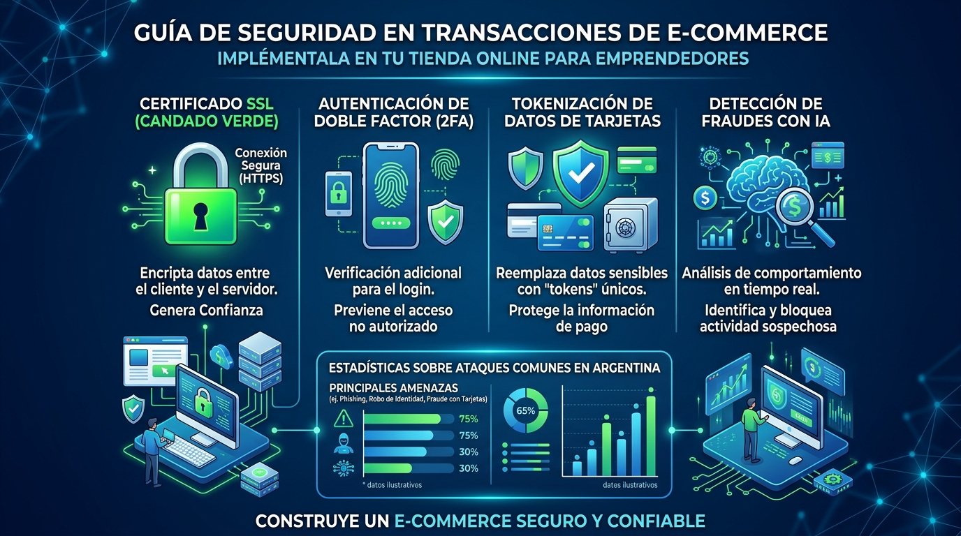 Infografía sobre seguridad en transacciones de e-commerce. Estilo moderno con iconos y elementos visuales de seguridad digital. Muestra los principales elementos de seguridad: certificado SSL (candado verde), sistema de autenticación de doble factor, tokenización de datos de tarjetas, y detección de fraudes con IA. Incluye estadísticas visuales sobre ataques comunes en Argentina. Utiliza colores azul oscuro y verde para transmitir seguridad y confianza. Para educar a emprendedores sobre implementación de seguridad en sus tiendas online.