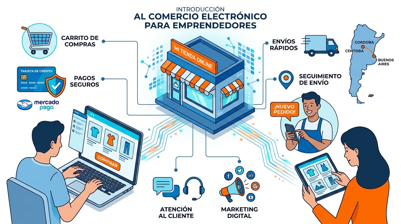 Ilustración conceptual del e-commerce. Estilo infográfico moderno con líneas limpias. Muestra una tienda digital conectada con compradores a través de dispositivos (laptop, smartphone, tablet). Incluye iconos de carrito de compras, tarjetas de crédito, envíos y comunicación online. Paleta de colores azul, naranja y blanco. Para explicar visualmente qué es el comercio electrónico a emprendedores argentinos.