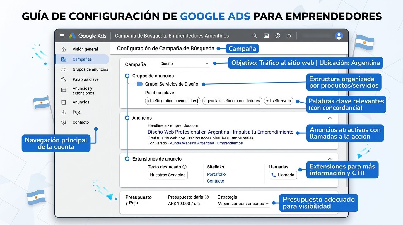 Campaña de Google Ads para emprendedores argentinos. Estilo pantalla de interfaz con etiquetas explicativas. Muestra la interfaz de Google Ads con una campaña de búsqueda configurada correctamente: estructura de campaña, palabras clave relevantes, anuncios optimizados, extensiones y presupuesto. Usa colores de la interfaz de Google Ads con elementos destacados en azul. Para ilustrar la configuración óptima de campañas publicitarias en buscadores.