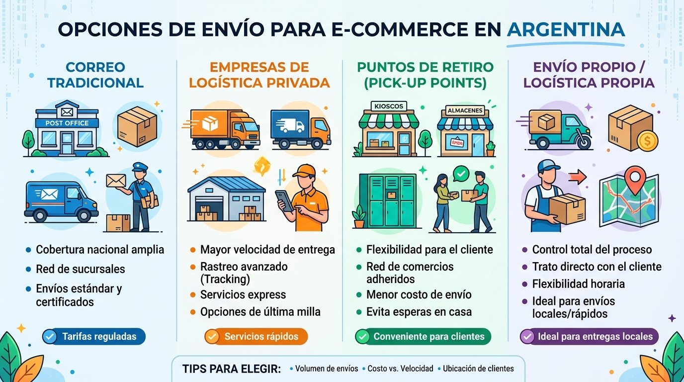 Opciones de envío para e-commerce argentino. Estilo infográfico comparativo con íconos simples. Muestra diferentes opciones: correo tradicional, empresas de logística, puntos de retiro y envío propio. Incluye elementos visuales como paquetes, locales y vehículos de reparto. Usa colores distintivos para cada categoría: azul para correo, naranja para empresas privadas, verde para puntos de retiro. Para ilustrar las alternativas de envío disponibles para emprendedores sin conocimientos técnicos.