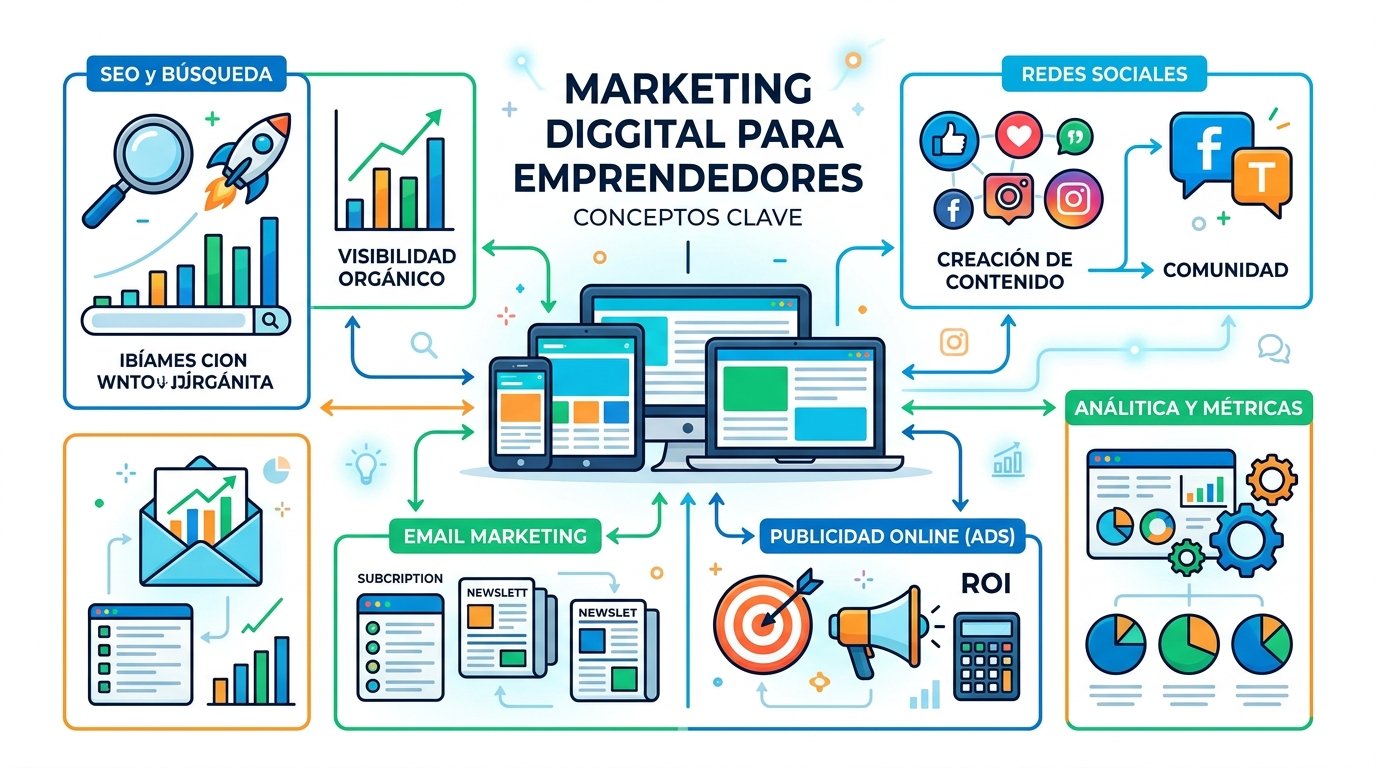 Concepto de marketing digital para emprendedores. Estilo infográfico moderno con iconos planos. Muestra dispositivos (smartphone, tablet, laptop) conectados con elementos de marketing digital (SEO, redes sociales, email, publicidad). Usa colores vibrantes azul, verde y naranja sobre fondo blanco. Para ilustrar los múltiples canales del marketing digital actual.