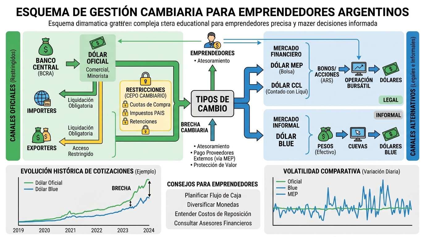Esquema de gestión cambiaria para emprendedores argentinos. Estilo diagrama técnico con flechas conectoras. Muestra los diferentes tipos de cambio (oficial, blue, MEP) y sus relaciones, incluye conceptos como brecha cambiaria y cepo. Incorpora gráficos de líneas mostrando la evolución histórica y volatilidad de las cotizaciones. Usa colores contrastantes para diferenciar canales oficiales (verde) y alternativos (azul). Para ayudar a emprendedores a entender el complejo sistema cambiario argentino y tomar decisiones informadas.