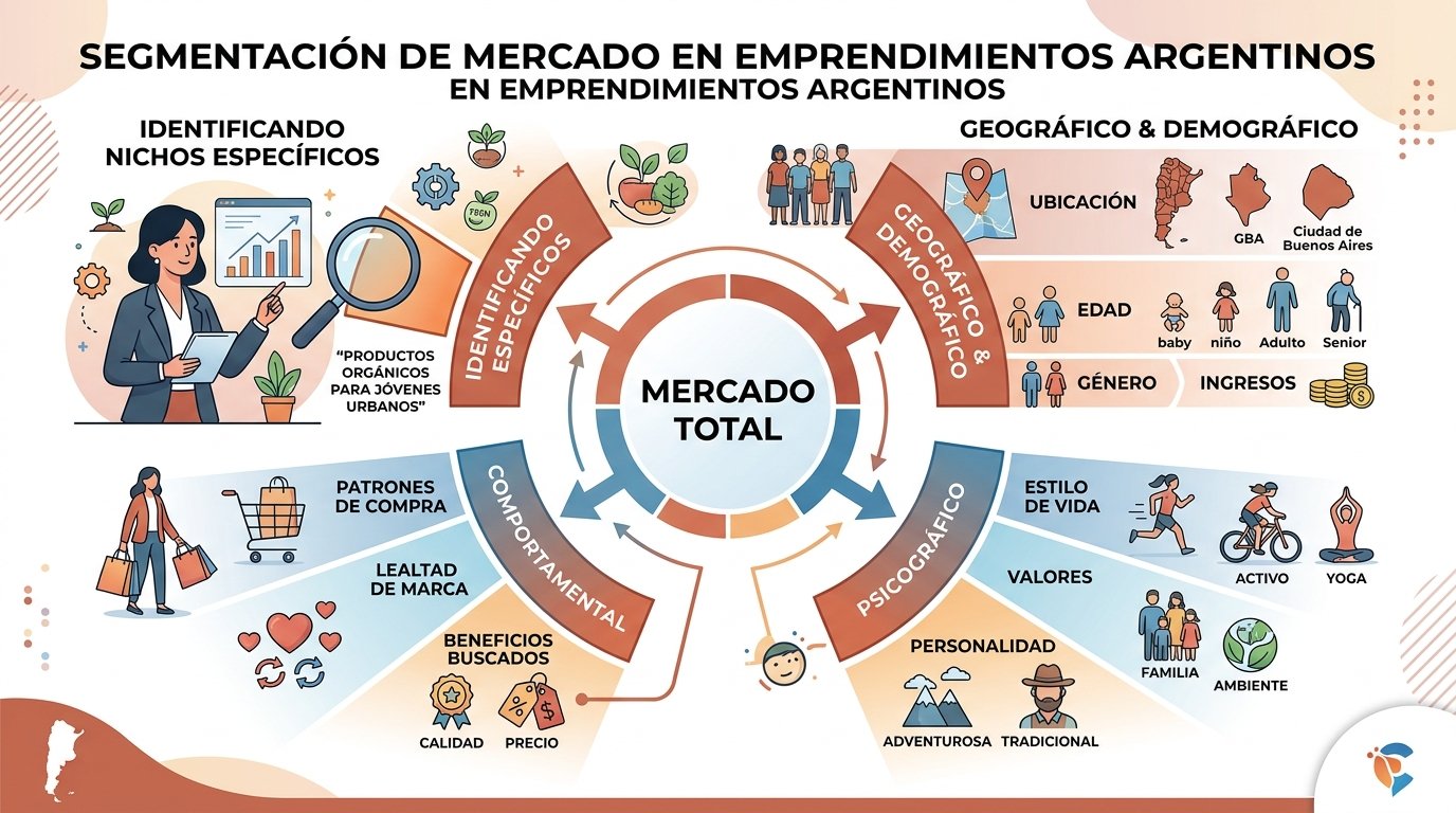 Segmentación de mercado en emprendimientos argentinos. Estilo infográfico claro con secciones divididas. Muestra un gran círculo que representa el mercado total dividiéndose en segmentos claramente diferenciados por colores, cada uno con iconos que representan diferentes perfiles demográficos, psicográficos y comportamentales. Utiliza una paleta de colores cálidos con tonos terracota y azules. Para ilustrar visualmente cómo un emprendedor puede identificar nichos específicos dentro de un mercado amplio.