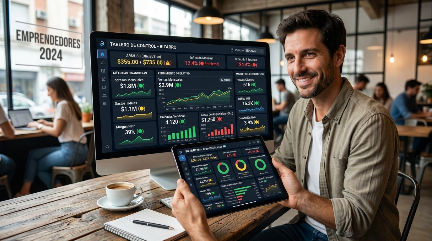 Dashboard de KPIs para emprendimiento argentino. Estilo interfaz moderna de software de visualización de datos. Muestra varios paneles con métricas financieras, operativas y de marketing en gráficos y contadores. Incluye indicadores de inflación y tipo de cambio específicos para Argentina. Utiliza códigos de colores para destacar KPIs en rojo (problemas), amarillo (advertencia) y verde (buen desempeño). Para ilustrar cómo un emprendedor debe monitorear visualmente la salud de su negocio en el contexto económico argentino.