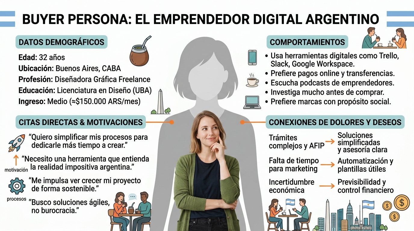 Representación visual de un Buyer Persona para emprendimiento argentino. Estilo infográfico profesional con diseño tipo ficha de perfil. Muestra una silueta central neutra con información organizada alrededor: datos demográficos, citas directas sobre motivaciones, íconos para representar comportamientos, flechas conectando dolores y deseos, y elementos visuales que representen su contexto argentino. Usa una paleta de colores azul-verde con acentos naranjas. Para ayudar a emprendedores a visualizar concretamente a su cliente ideal como una persona real con necesidades específicas.