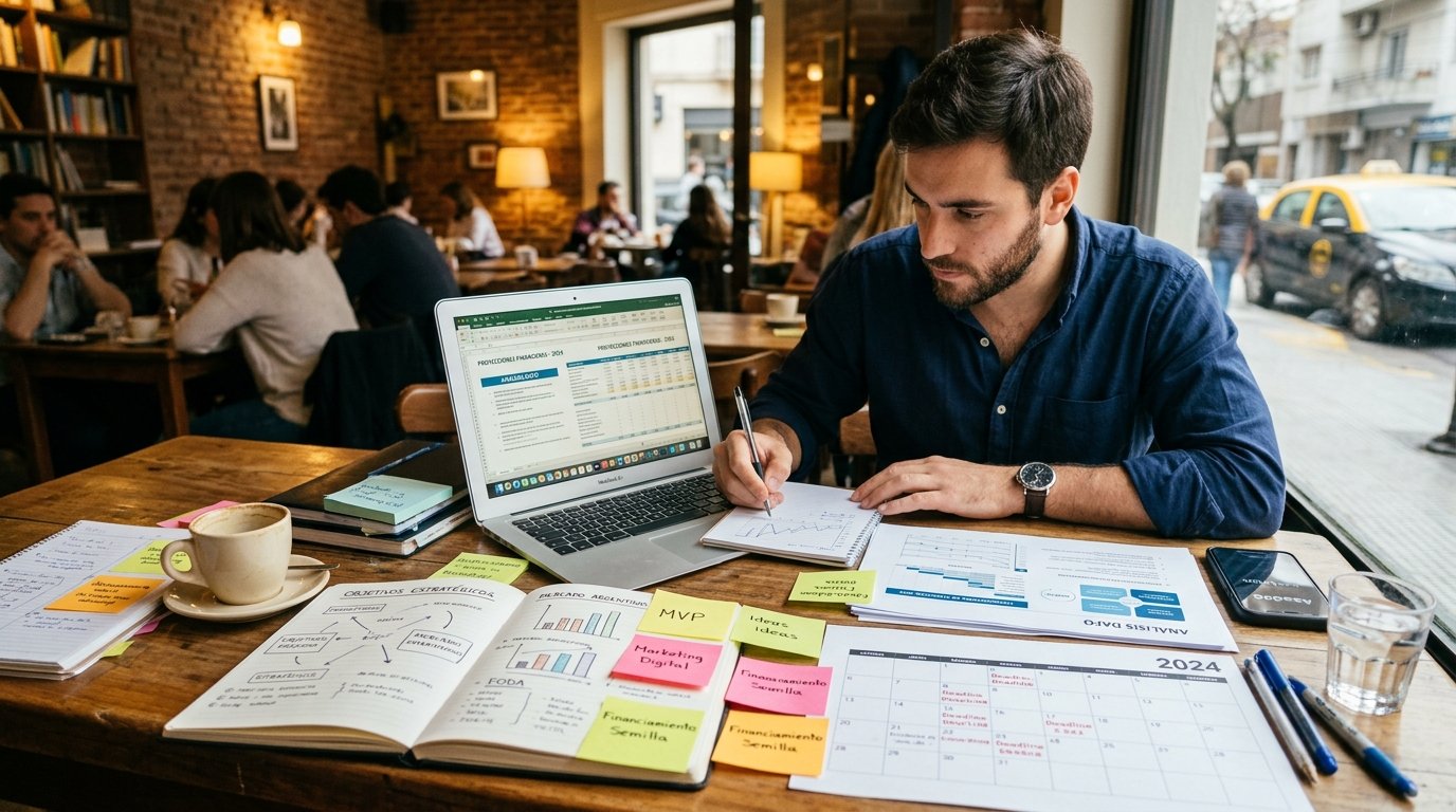Emprendedor argentino trabajando en su plan de negocios. Estilo realista profesional. Muestra una persona joven concentrada en su notebook con documentos, gráficos y post-its sobre una mesa de café. Se ven elementos que representan planificación estratégica como calendarios y diagramas. Paleta de colores cálidos que transmiten creatividad y determinación. Para visualizar el proceso de elaboración de un plan de negocios en un contexto local argentino.